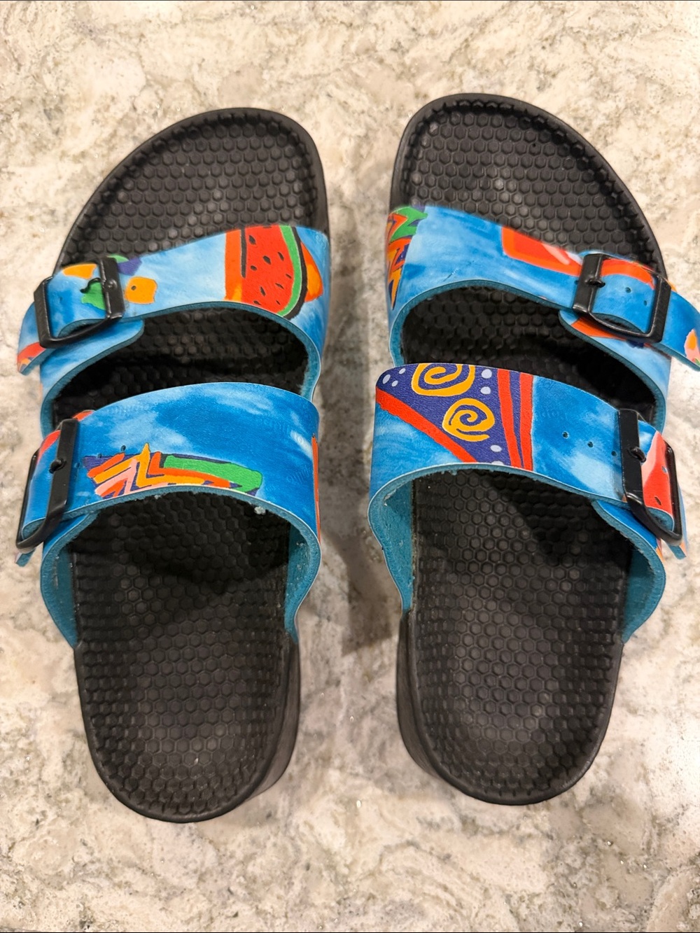 Ladies “Birki’s” Birkenstock Blue Patterned Double-Buckle Sandals